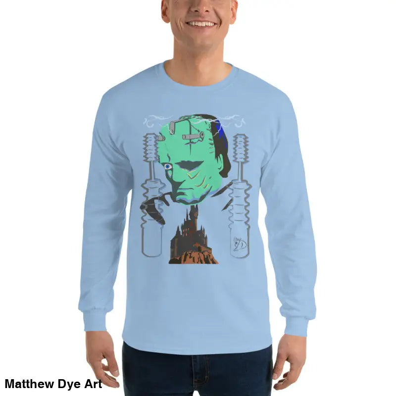 Light blue long-sleeved Retro Franky tee featuring Matthew Dye art for a cute Halloween collection