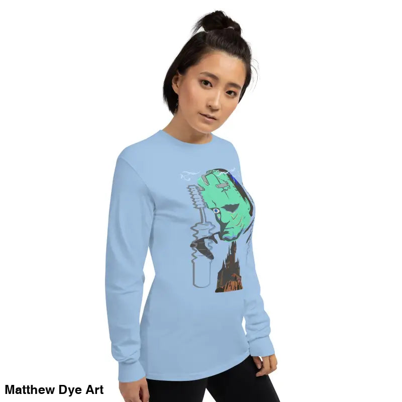 Light blue long-sleeved Retro Franky tee featuring Matthew Dye art for a cute Halloween collection