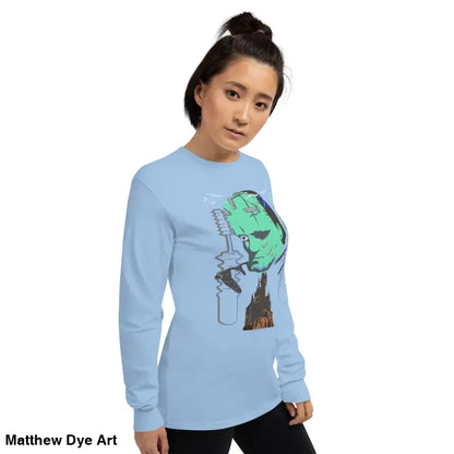 Light blue long-sleeved Retro Franky tee featuring Matthew Dye art for a cute Halloween collection