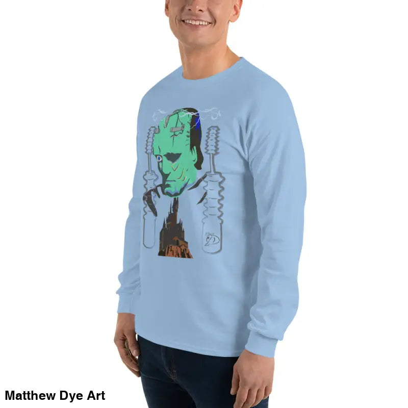 Light blue long-sleeved shirt featuring Matthew Dye art for Retro Franky Halloween collection