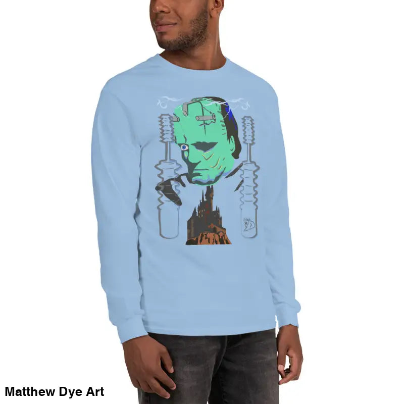 Light blue long-sleeved Retro Franky tee featuring Matthew Dye art for a cute Halloween collection