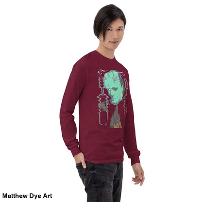 Maroon long-sleeved Retro Franky shirt featuring Matthew Dye art for a cute Halloween collection