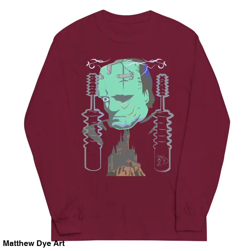 Maroon long-sleeved Retro Franky tee featuring Matthew Dye art for a cute Halloween collection