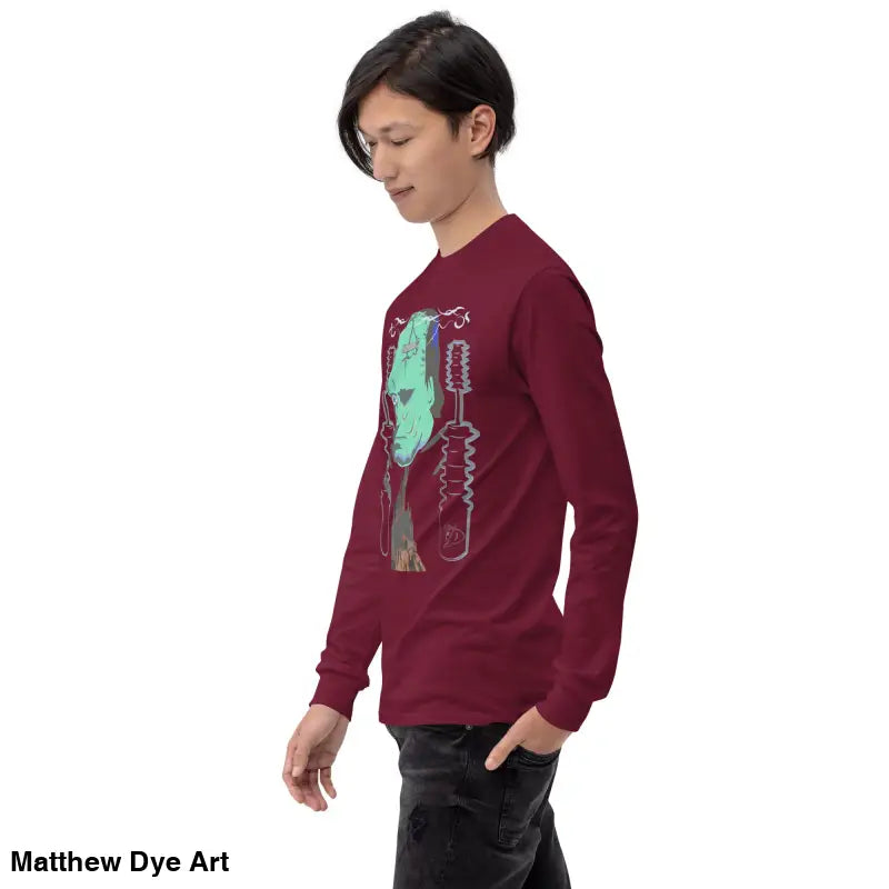 Maroon long-sleeved Retro Franky tee featuring Matthew Dye art for a cute Halloween collection
