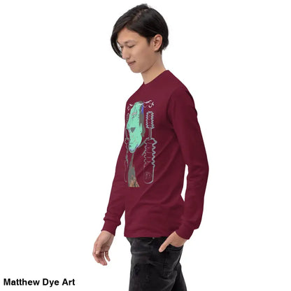 Maroon long-sleeved Retro Franky tee featuring Matthew Dye art for a cute Halloween collection