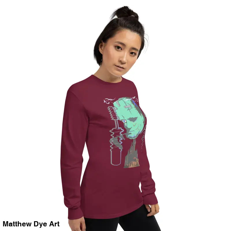 Maroon long-sleeved shirt featuring Matthew Dye art for the Retro Franky Halloween collection