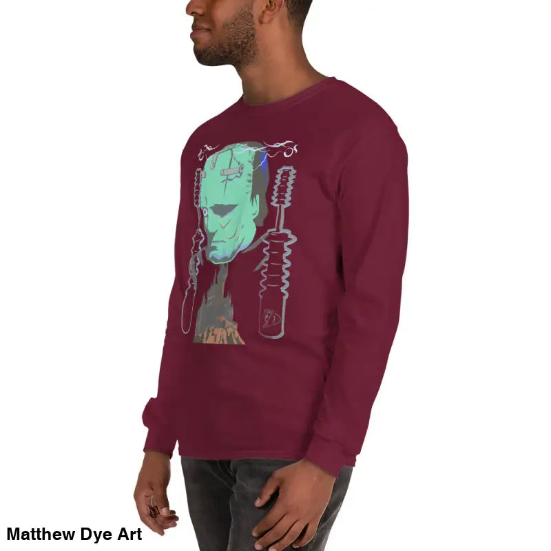 Maroon long-sleeved Retro Franky tee featuring Matthew Dye art for a cute Halloween collection