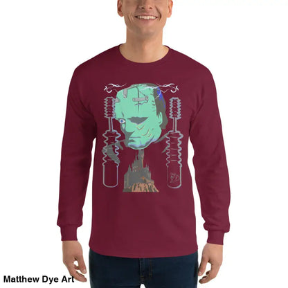Maroon long-sleeved Retro Franky tee featuring Matthew Dye art for a cute Halloween collection