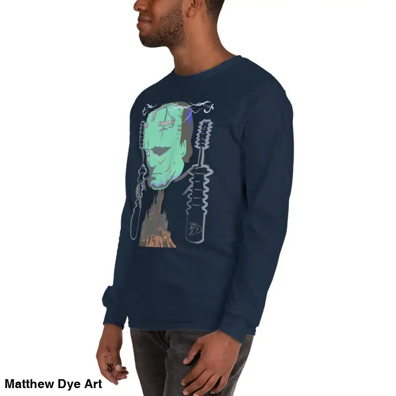 Navy long-sleeved Retro Franky shirt featuring Matthew Dye art for a cute Halloween collection