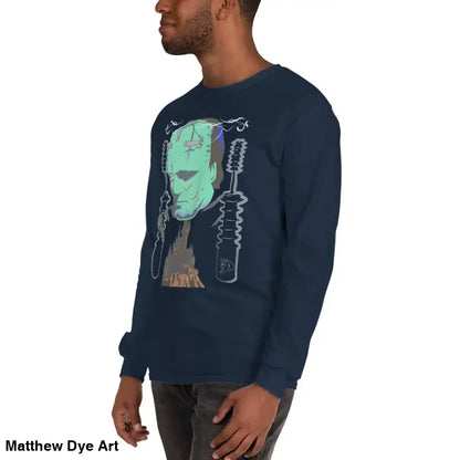 Navy long-sleeved Retro Franky shirt featuring Matthew Dye art for a cute Halloween collection