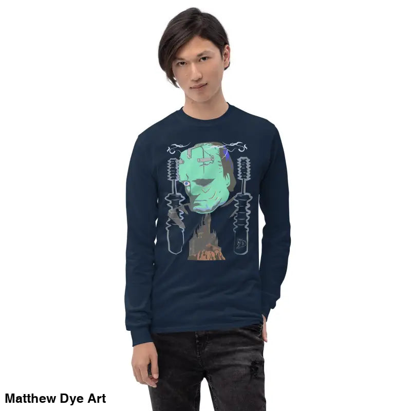 Navy long-sleeved Frankenstein t-shirt from Retro Franky cute Halloween collection by Matthew Dye Art