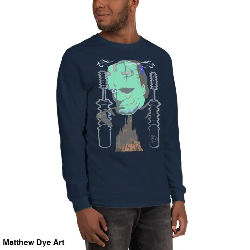 Navy long-sleeved Retro Franky tee featuring Matthew Dye art for a cute Halloween collection