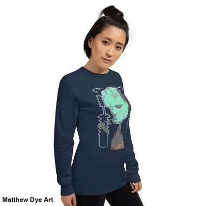 Navy long-sleeved shirt featuring Retro Franky graphic by Matthew Dye Art from Cute Halloween Collection