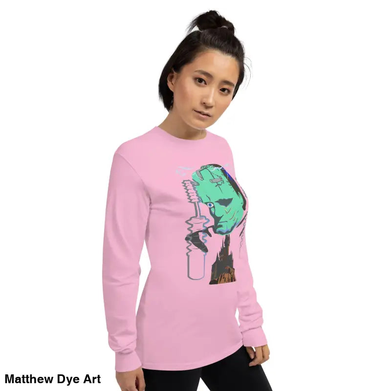 Pink long-sleeved Retro Franky tee featuring Matthew Dye art for a cute Halloween collection
