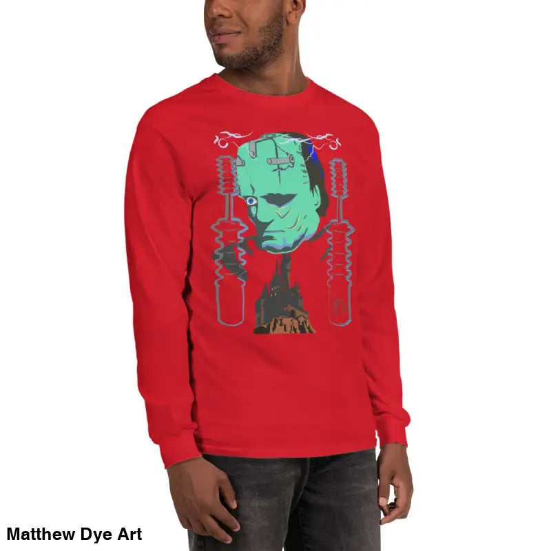 Red long-sleeved Retro Franky tee featuring Matthew Dye art for a cute Halloween collection
