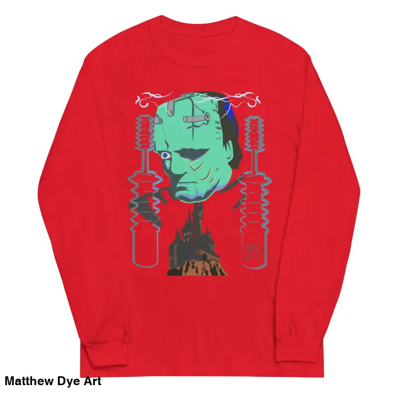 Red long-sleeved Retro Franky tee featuring Matthew Dye art for a cute Halloween collection