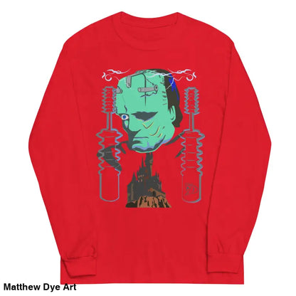 Red long-sleeved Retro Franky tee featuring Matthew Dye art for a cute Halloween collection