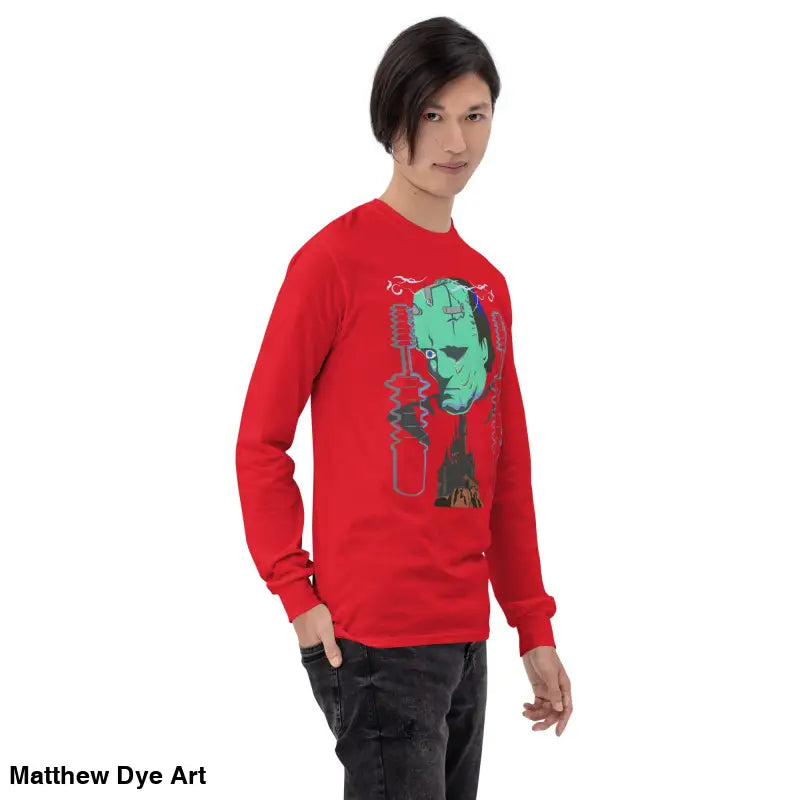 Red long-sleeved shirt from Retro Franky featuring Matthew Dye art in cute Halloween collection