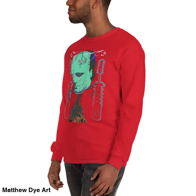 Red long-sleeved Retro Franky Tee featuring Matthew Dye art for a cute Halloween collection