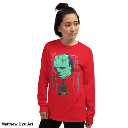 Red long-sleeved Retro Franky shirt featuring Matthew Dye art for a cute Halloween collection