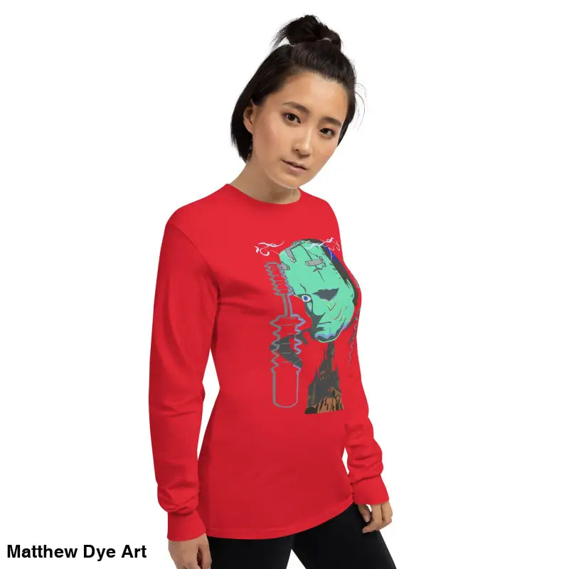 Red long-sleeved Retro Franky tee featuring Matthew Dye art for a cute Halloween collection
