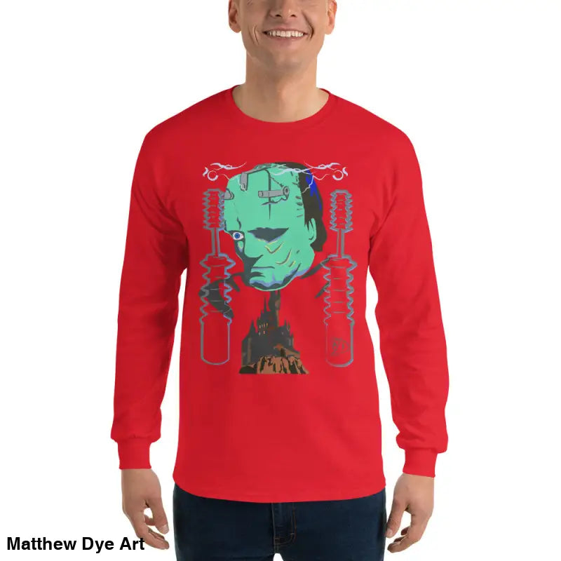 Red long-sleeved Retro Franky tee featuring Matthew Dye art for a cute Halloween collection