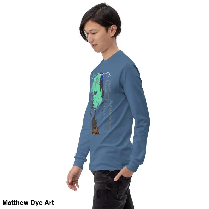 Long-sleeved blue Retro Franky Tee featuring Matthew Dye art for a cute Halloween collection