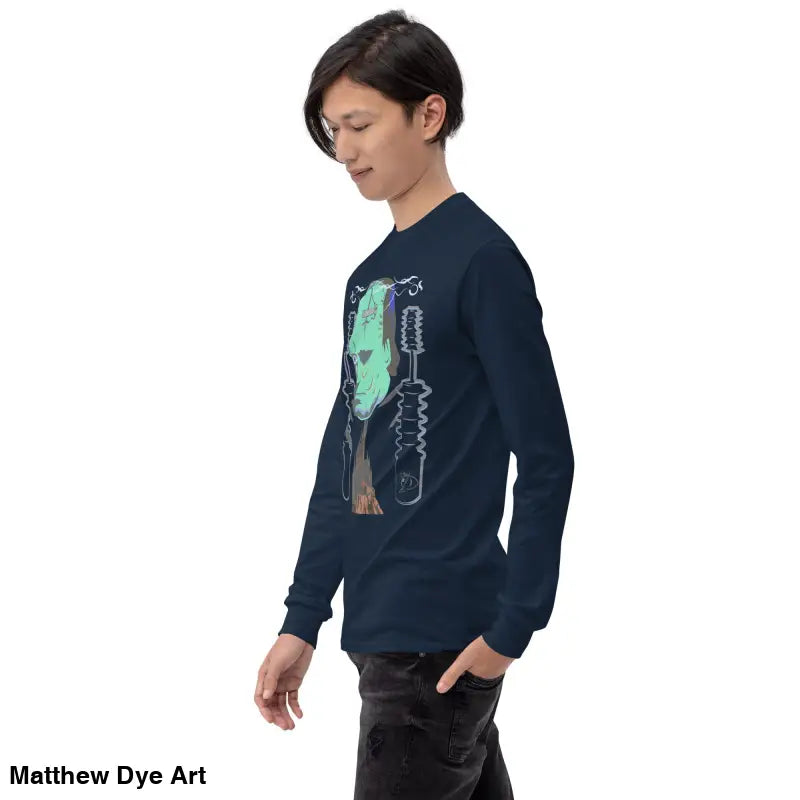 Long-sleeved navy shirt featuring Retro Franky graphic by Matthew Dye Art from cute Halloween collection