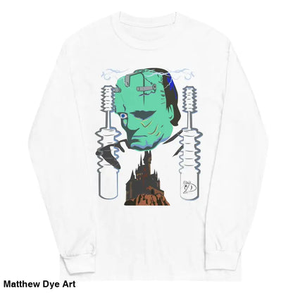 White long-sleeve Retro Franky tee with Frankenstein graphic and bolt accents by Matthew Dye Art