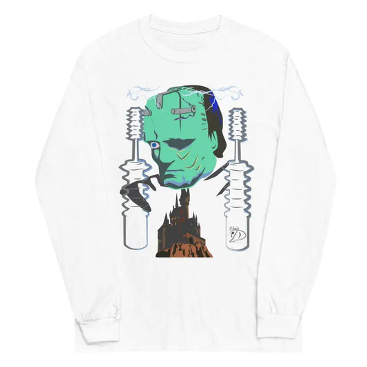 White long-sleeve Retro Franky tee with Frankenstein graphic and bolt accents by Matthew Dye Art