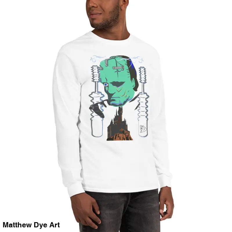 White long-sleeved shirt featuring Matthew Dye art in retro Franky design for cute Halloween collection