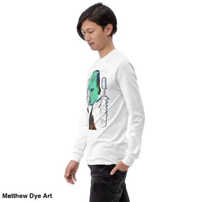 White long-sleeved Retro Franky shirt featuring Matthew Dye art from the cute Halloween collection