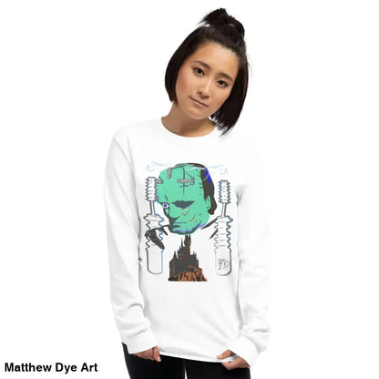 White long-sleeved Retro Franky Tee featuring Matthew Dye art for a cute Halloween collection