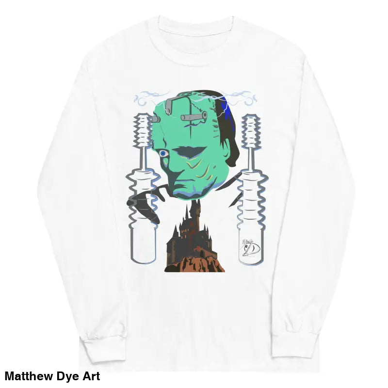White long-sleeved shirt featuring Retro Franky graphic by Matthew Dye Art