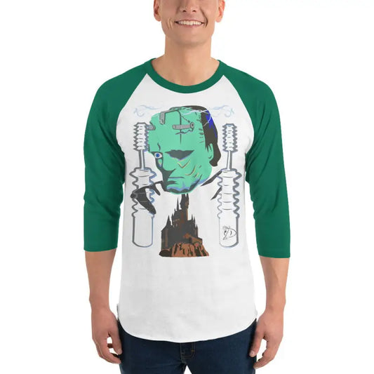 Baseball-style raglan t-shirt with Frankenstein graphic from Matthew Dye Art for Vintage Halloween