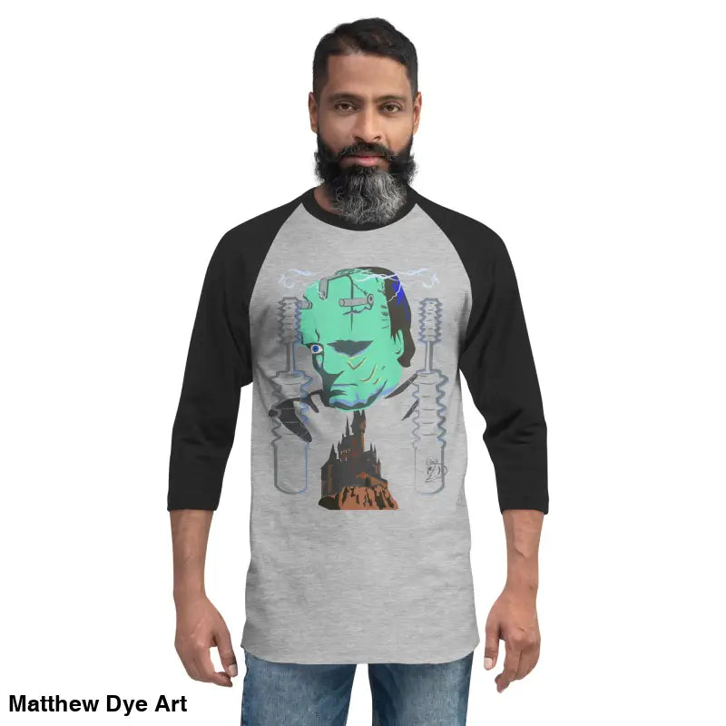 Man in Vintage Frankenstein T-shirt from Matthew Dye Art for Retro Reanimated Raglan