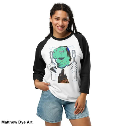 Frankenstein-themed raglan shirt featuring Matthew Dye art for vintage Halloween