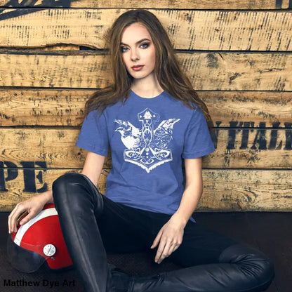 Blue t-shirt with white Viking design from Odin’s Chosen collection, transcending mere apparel