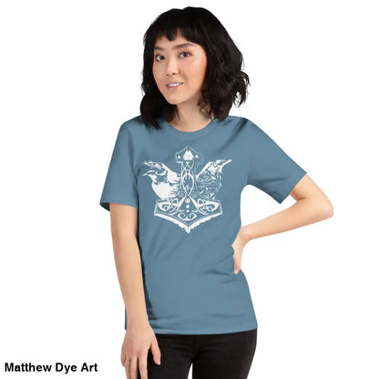Blue t-shirt with white Viking design, ideal for Odin’s Chosen Tee enthusiasts