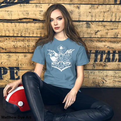 Blue t-shirt featuring white Viking graphic from Odin’s Chosen Tee collection