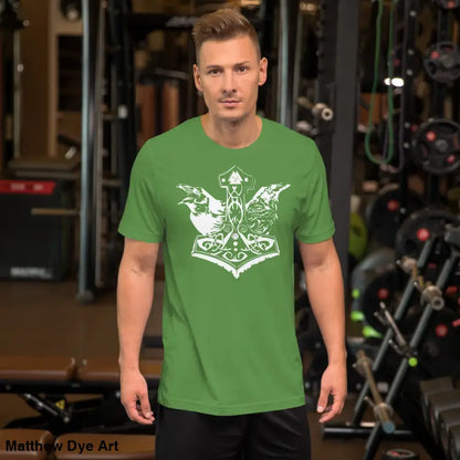 Green t-shirt featuring Norse mythology design for Odin’s Chosen Tee, transcending mere apparel