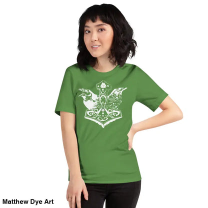 Green t-shirt featuring white Norse design, ideal as Odin’s Chosen Tee for enthusiasts