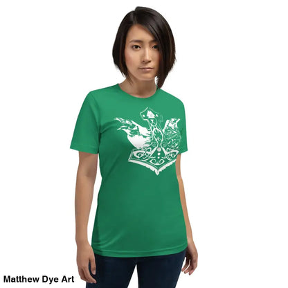Green t-shirt featuring white Norse design from the Odin’s Chosen tee collection