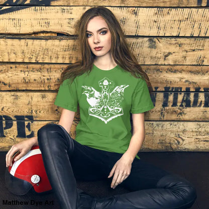 Green t-shirt featuring a white Viking design from Odin’s Chosen Tee collection