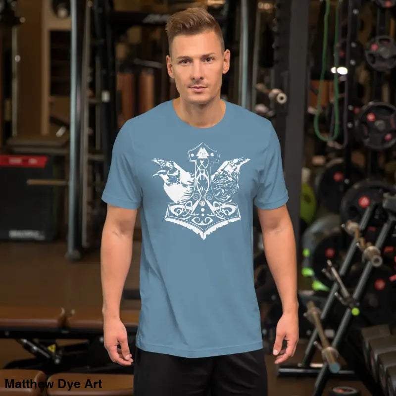 Light blue Odin’s Chosen tee featuring a white Viking design for unique style