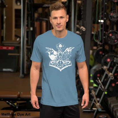 Light blue Odin’s Chosen tee featuring a white Viking design for unique style