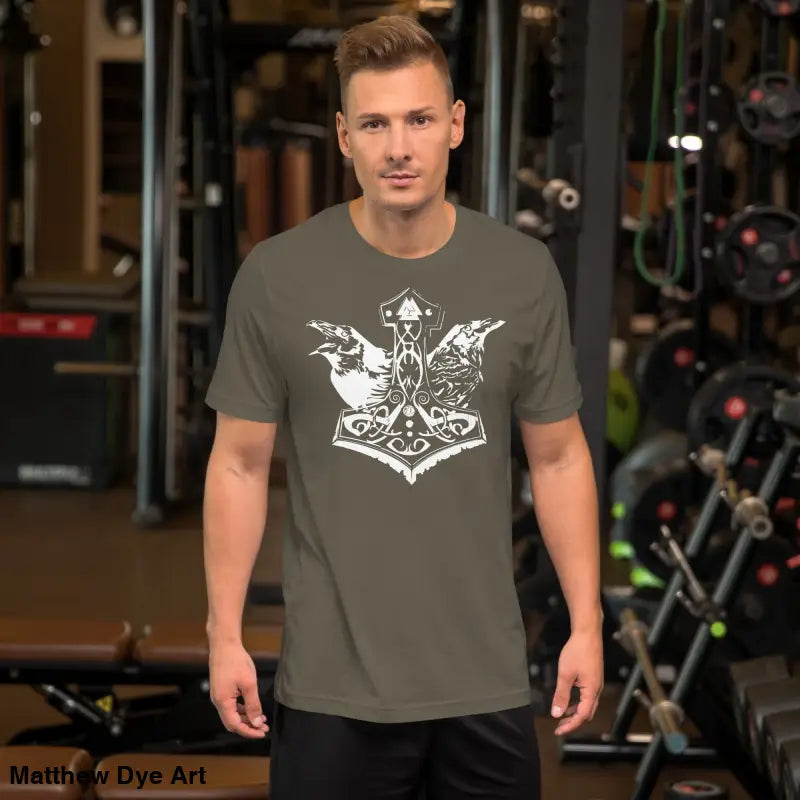 Man wearing Odin’s Chosen Tee, a remarkable Norse art garment that transcends mere apparel