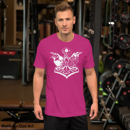 Man in pink Odin’s Chosen Tee featuring striking white Norse design