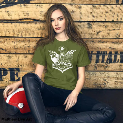 Olive green Odin’s Chosen tee with white Viking design, a remarkable unisex Norse art shirt