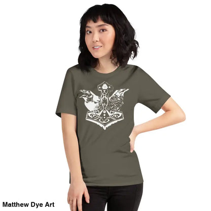 Olive-green Odin’s Chosen tee featuring a white Viking-themed graphic design